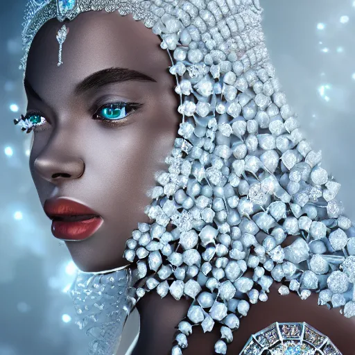 Image similar to portrait of wonderful princess of white diamonds with dark skin, white flowers, ornate with white diamonds, 8 k, gorgeous, intricate, detailed, glowing white accent lighting, dramatic lighting, octane render