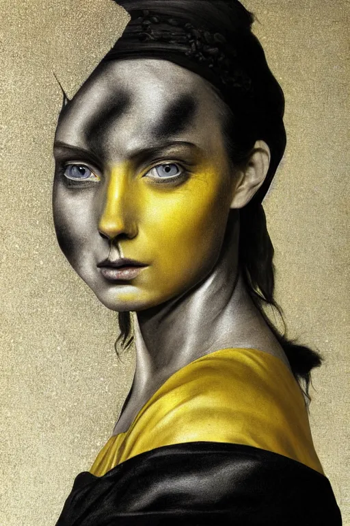 Prompt: hyperrealism close - up mythological portrait of a medieval woman's face merged with black paint in style of classicism, wearing silver silk robe, yellow palette