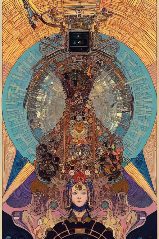 Prompt: queen of the robots by greg rutowski , victo ngai , alphonse mucha