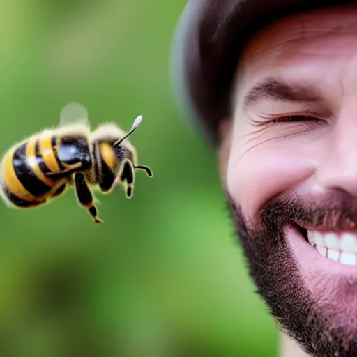 Prompt: photograph of smiling man with bees crawling out of his mouth, 8k resolution, high detail, ULTRA REALISTIC VFX, reflections