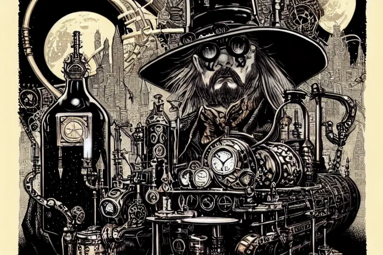 Prompt: a majestic steampunk alchemist wizard table, high details, bold line art, by vincent di fate and joe fenton, inking, etching, screen print, masterpiece, trending on artstation, sharp, high contrast, hyper - detailed,, hd, 4 k, 8 k