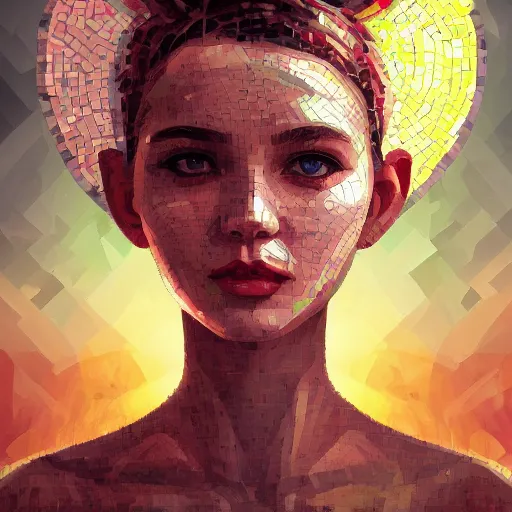 Prompt: mosaic portrait of a beautiful young girl with robot ears falling into the sun by Ross Tran, 4k, intricate details