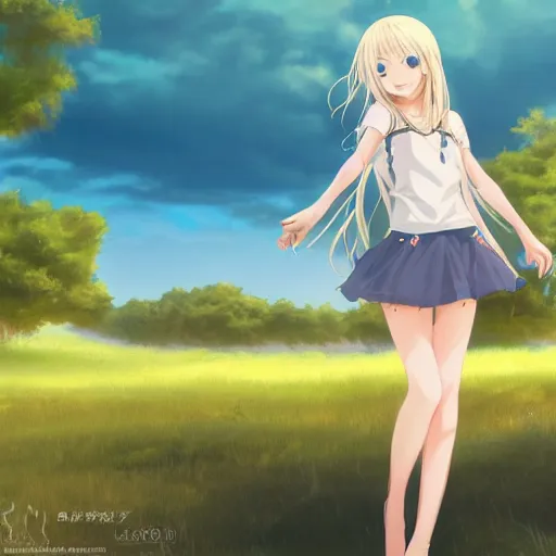 Image similar to a very beautiful anime cute girl, full body, long wavy blond hair, sky blue eyes, full round face, short smile, fancy top, miniskirt, front view, summer lake setting, cinematic lightning, medium shot, mid-shot, highly detailed, cinematic wallpaper by Stanley Artgerm Lau