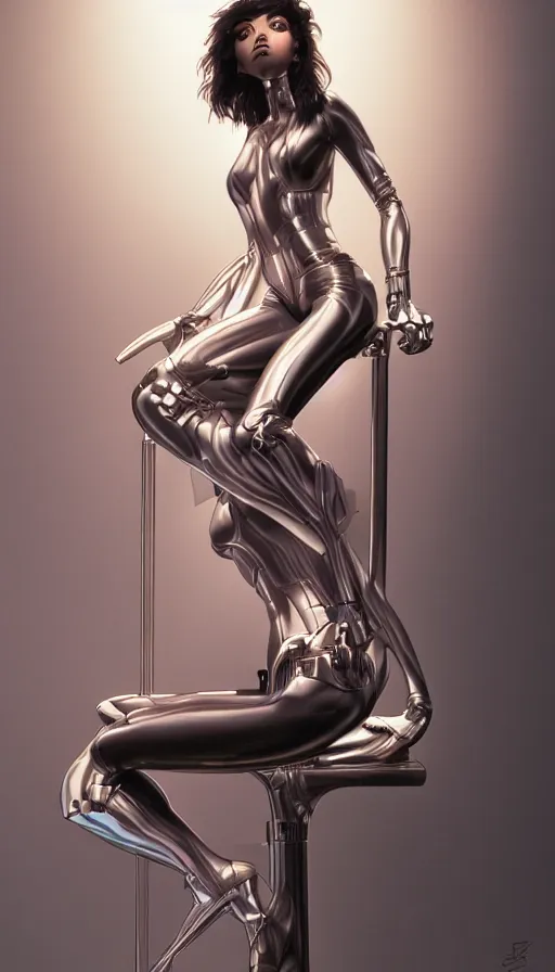 Image similar to beauty Alita woman sitting on a stool, dramatic lighting, mechanical details, electrical details, high details, 4k, 8k, trending on artstation, by Hajime Sorayama and Boris Vallejo