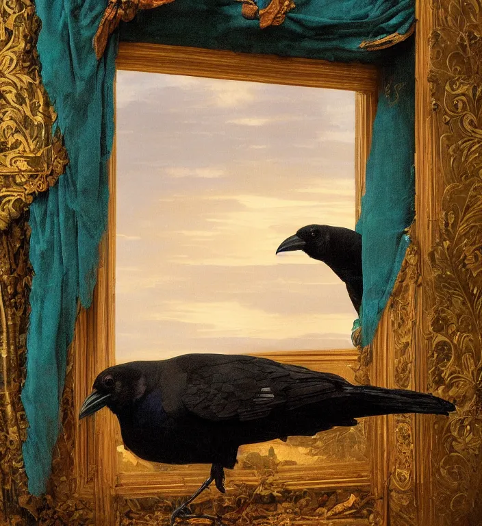 Image similar to a beautifully photoreal clear detailed victorian portrait of a close up raven on a victorian windowsill with an ornate velvet dark teal curtain at beautiful sunset daytime nature sunlit painting by frederic leighton and turner and morris and rosetti, humerous, cheeky, 8 k, octane render