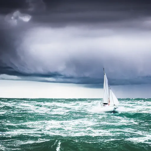 Image similar to A tiny sailboat moving towards a huge scary storm, large waves, lighting strikes, dramatic lighting, postprocessing, professional photography, DSLR, HDR, 4K