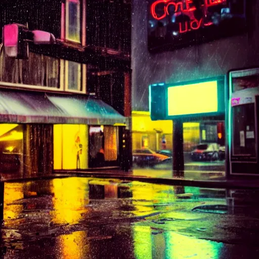 Image similar to gloomy and morbid city scene with a neon sign on the wall, cinematic, blurry, raindrops