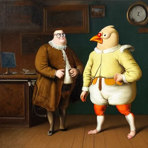 Image similar to dutch golden age painting of peter griffin and a giant chicken standing next to each other in an office, very intricate, very detailed, 8 k,