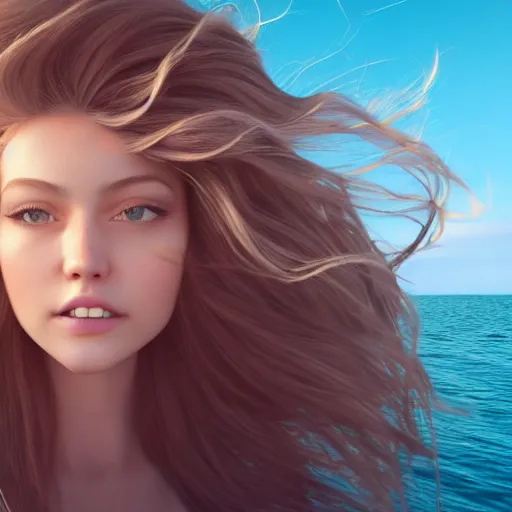 Image similar to Selfie!!!!! of a woman with gorgeous hair flowing in the wind, in the middle of the ocean!!!!!, first-person view, fisheye!!!!! lens!!!!!, photorealistic image, trending on artstation, 4k, 8k