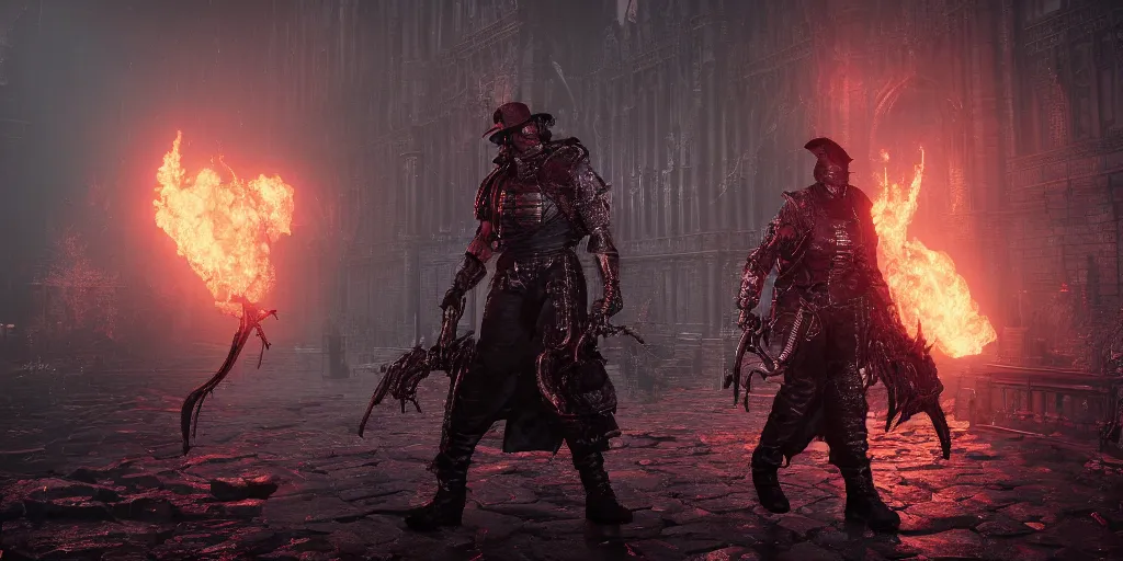 Image similar to duke nukem in bloodborne, realistic 4 k octane beautifully detailed render, 4 k post - processing, highly detailed, intricate complexity, epic composition, magical atmosphere, cinematic lighting, masterpiece, ultra hd