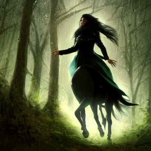 Prompt: a detailed picture of beautiful woman with black hair, wearing a green cloak, fleeing through a forest in a thunderstorm, riding a horse at night, viewed in profile, bolts of lightning, 4k, Greg Rutkowski