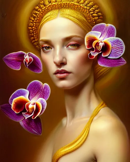 Prompt: portrait of the beautiful young goddess of orchids, unusual beauty, etheric, outworldly colours, emotionally evoking symbolic metaphors, head in focus, fantasy, ornamental, intricate, elegant, highly detailed hyperrealistic painting, artstation, concept art, painterly, golden ratio, sharp focus, illustration, art by anna dittman,