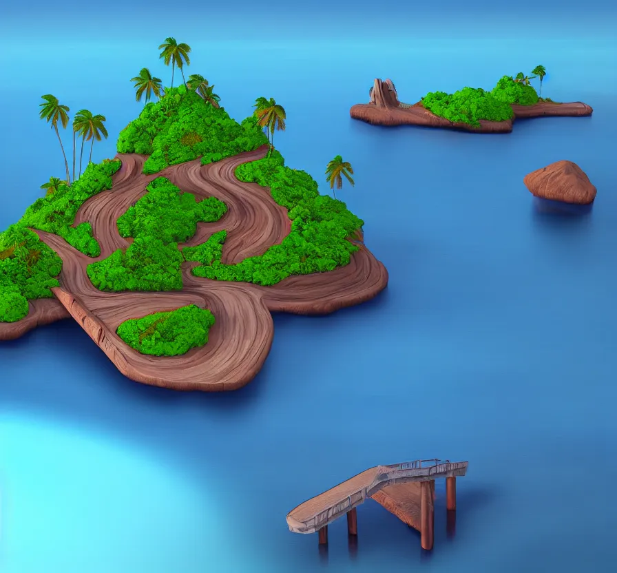 Image similar to island in sea with logan wooden bridge, unreal engine, digital, acrilic paint
