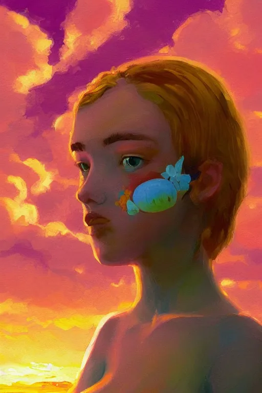 Prompt: closeup, giant frangipani head, girl on beach, surreal photography, golden hour, colorful clouds, impressionist painting, digital painting, artstation, simon stalenhag