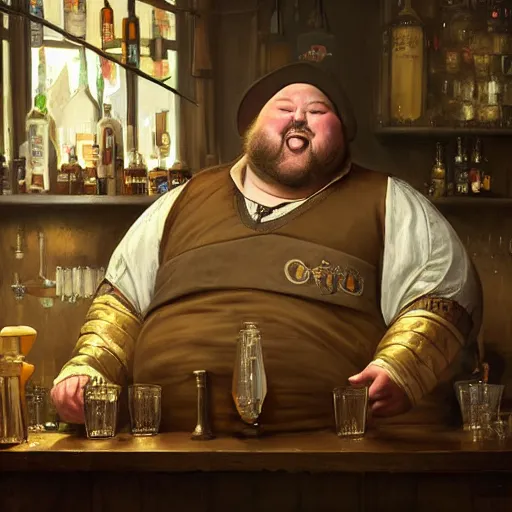 Image similar to portrait of a happy fat man dressed in a medieval tunic standing behind a bar, detailed face, fantasy, highly detailed, cinematic lighting, digital art painting by greg rutkowski