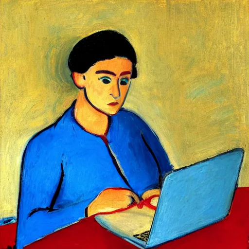 Prompt: woman coding on her laptop, by matisse