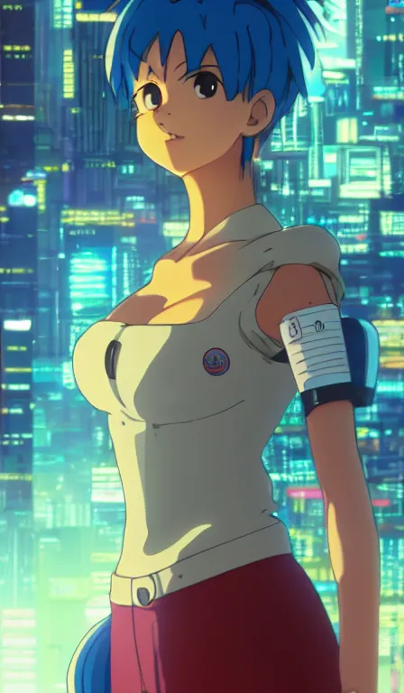 Image similar to anime fine details portrait of Bulma in front of cyberpunk moder city landscape on the background deep bokeh, close-up view, anime masterpiece by Studio Ghibli. 8k, sharp high quality anime, artstation