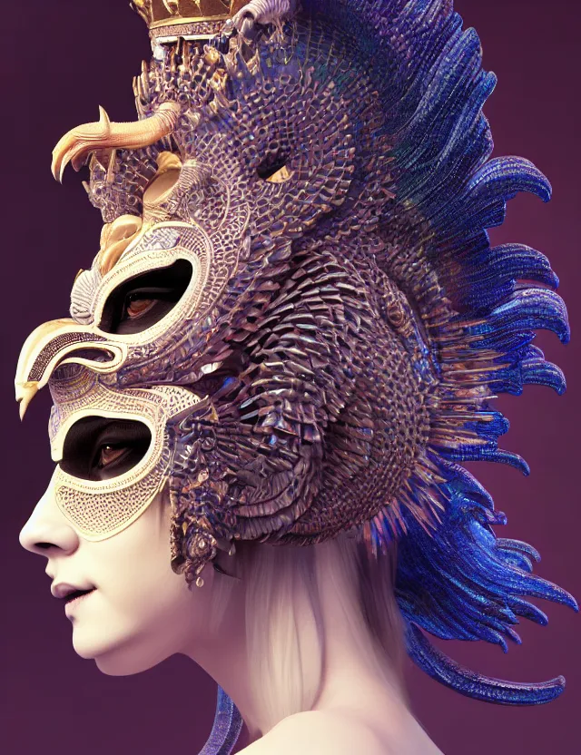 Prompt: 3 d goddess close - up profile portrait with crown, ram skull. beautiful intricately detailed japanese crow kitsune mask and clasical japanese kimono. betta fish, jellyfish phoenix, bio luminescent, plasma, ice, water, wind, creature, artwork by tooth wu and wlop and beeple and greg rutkowski