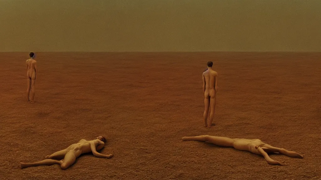 Prompt: human body bent around, film still from the movie directed by Wes Anderson with art direction by Zdzisław Beksiński, wide lens