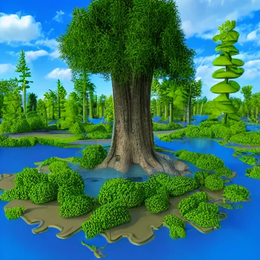 Image similar to forest of many cartoon style trees 3 d, river with an island of a cartoon medieval castle, colourful, blue sky