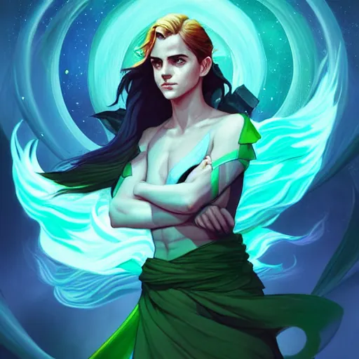 Image similar to style artgerm, joshua middleton, emma watson as a warrior monk wearing green pelt light amor, blue hair, swirling water cosmos, fantasy, dnd, cinematic lighting