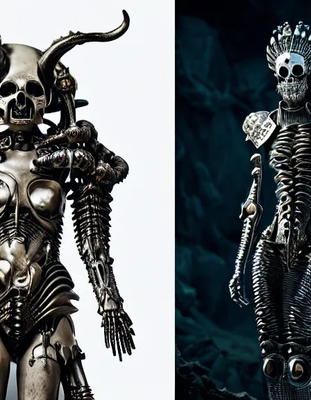 Image similar to still frame from Prometheus by Giger, lich king Dr doom in ornate bio cybernetic bone armour and skull mask helmet in bone chapel by Wayne Barlowe by peter Mohrbacher, dressed by Alexander McQueen and by Neri Oxman, metal couture hate couture editorial