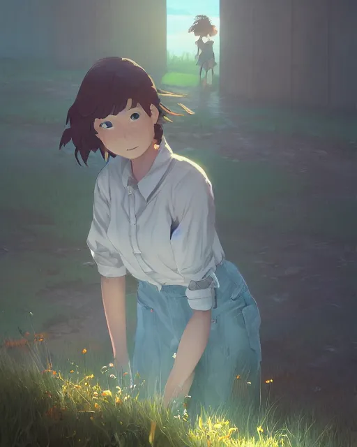 Image similar to farmer girl, full shot, atmospheric lighting, by makoto shinkai, stanley artger m lau, wlop, rossdraws, james jean, andrei riabovitchev, marc simonetti, krenz c