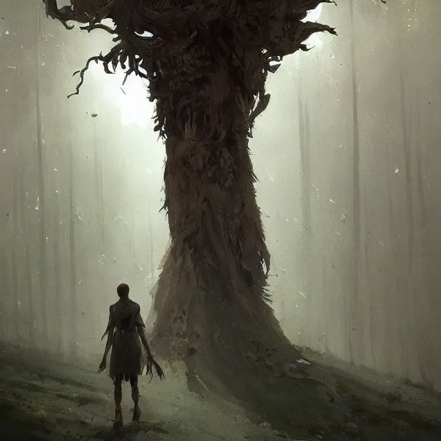 Prompt: a painting of a walking tree looking down at a smaller human by greg rutkowski, dark fantasy art, high detail, trending on artstation