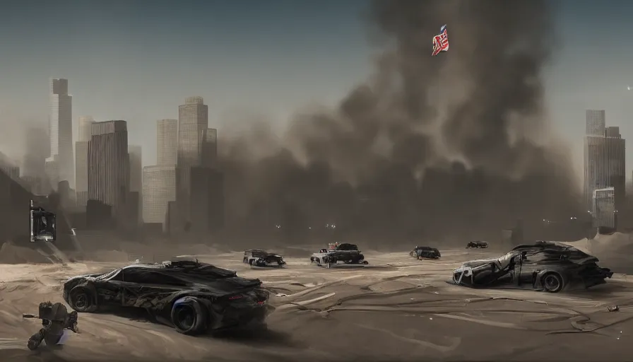 Image similar to los angeles under tons of sand, heat wave, cars in the streets, black smoke, flags, hyperdetailed, artstation, cgsociety, 8 k