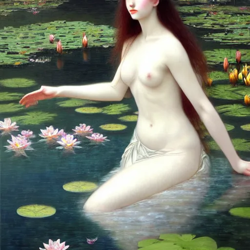 Image similar to a painting of a woman with greek white clothes floating in a pond of water lillies, a fine art painting, by liu jun, cgsociety, deviantart, pre - raphaelitism, figurative art, magical realism, detailed painting, made of flowers