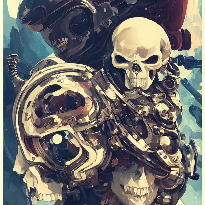 Image similar to anime skull portrait space pirate captain, futuristic science fiction, mucha, hard shadows and strong rim light, art by jc leyendecker and atey ghailan and sachin teng