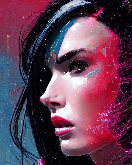 Image similar to detailed side profile portrait Neon Megan Fox, cyberpunk futuristic neon, reflective puffy coat, decorated with traditional Japanese ornaments by Ismail inceoglu dragan bibin hans thoma greg rutkowski Alexandros Pyromallis Nekro Rene Maritte Illustrated, Perfect face, fine details, realistic shaded, fine-face, pretty face