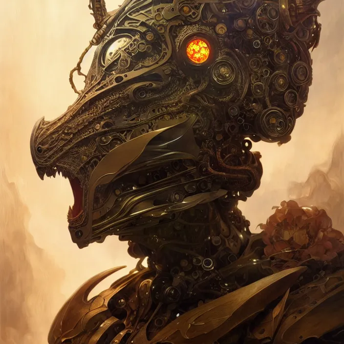 Image similar to organic cyborg, dragon mask opening, diffuse lighting, fantasy, intricate, elegant, highly detailed, lifelike, photorealistic, digital painting, artstation, illustration, concept art, smooth, sharp focus, art by John Collier and Albert Aublet and Krenz Cushart and Artem Demura and Alphonse Mucha