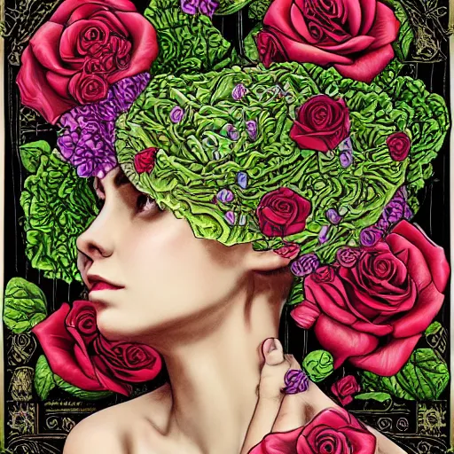 Image similar to the anatomy of a head of lettuce with roses that resemble a beautiful girl, an ultrafine detailed illustration by james jean, intricate linework, bright colors, final fantasy, behance contest winner, vanitas, angular, altermodern, unreal engine 5 highly rendered, global illumination, radiant light, detailed and intricate environment