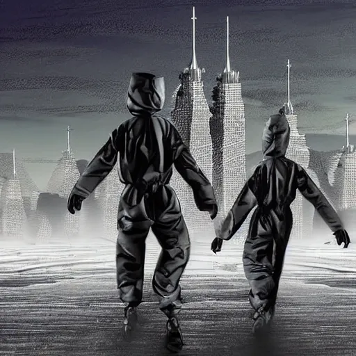 Image similar to a surreal landscape with towers in a harsh environment, two figures dressed in biohazard suits are walking, digital art