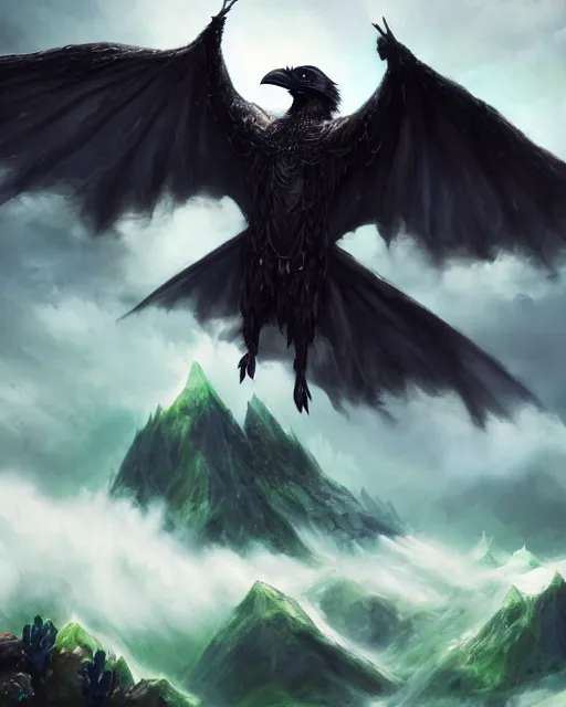 Image similar to oil painting of a Anthropomorphized raven shaman casting spell on mountain, in the clouds behind transparant spirit of green dragon, sharp focus, heroic pose, fantasy style, octane render, volumetric lighting, 8k high definition, by greg rutkowski, highly detailed, trending on art Station, magic the gathering artwork, mountain background, centered