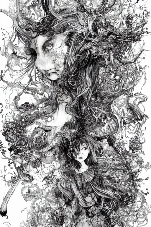 Image similar to We're all mad here Alice, Alice in wonderland, twisted, insanity, pen and ink, intricate line drawings, by Yoshitaka Amano, Ruan Jia, Kentaro Miura, Artgerm, watercolor