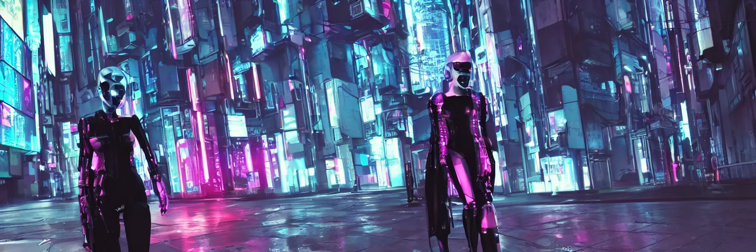 Image similar to a cyberpunk fashion girl wearing street urban futuristic cyberpunk clothing walking in a cyberpunk street inspired by ghost in the shell there are advertising holograms and neon signs in the street and a neon mecha robot with decals all over it, 3d scene, render, ultra realistic, ray tracing, night time, volumetric light, artstation, cgsociety, level design, unreal engine, 3d scene, zenith view