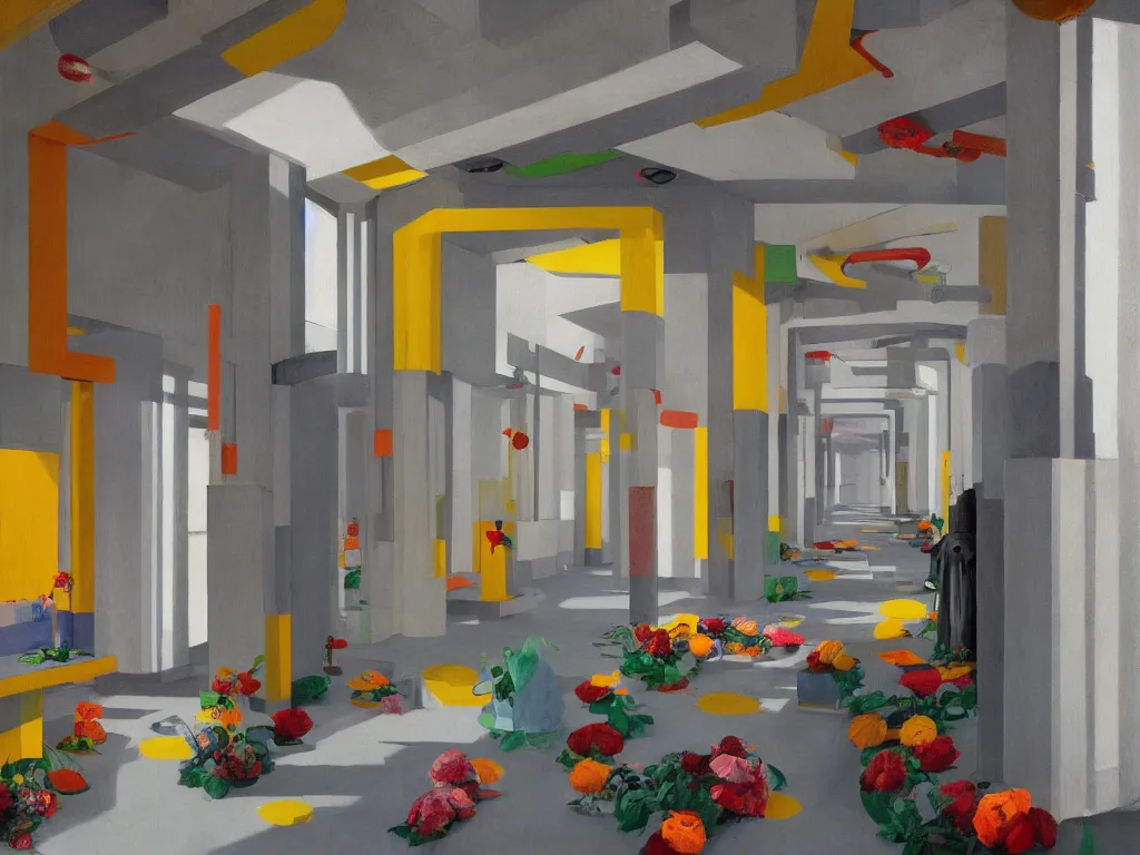 Image similar to colorful minimalist industrial interior hallway with monolithic pillars in the style of ridley scott and stanley kubrick, impossible stijl architecture, bed of flowers on floor, brutalist, ultra wide angle view, realistic detailed painting by edward hopper