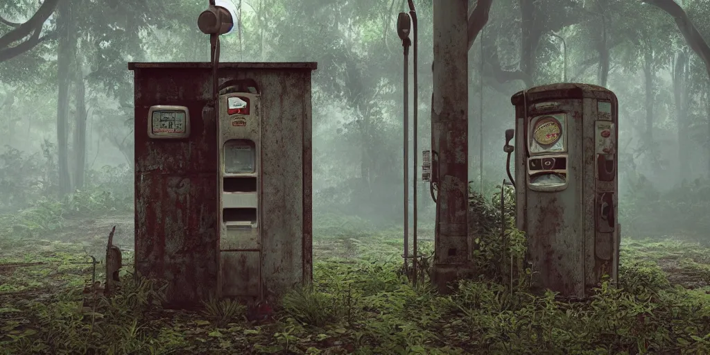 Prompt: old abandoned gas pump somewhere in the rainforest. nature is taking over. matte painting in the style of craig mullins. mist. cinematic. octane render.