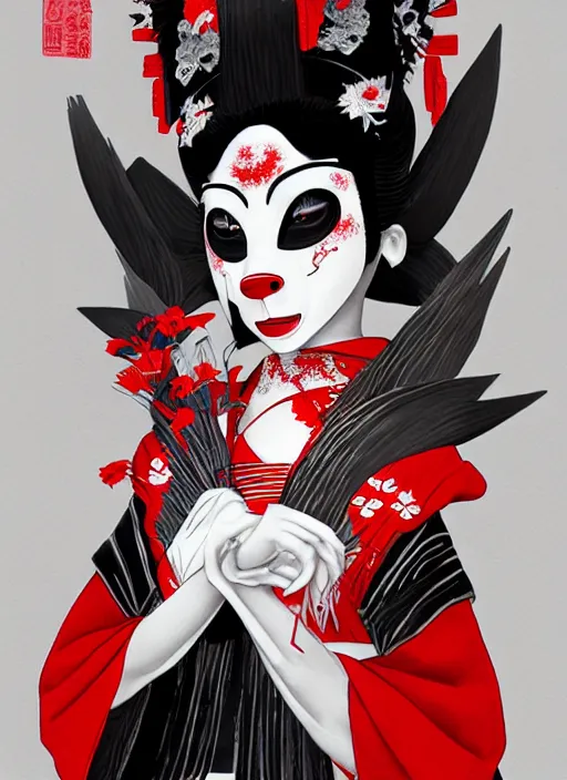 Image similar to maiko wearing a kitsune mask, fluent composition, red white and black, concept art, ambient light, 4 k, intricate details, highly professionally detailed, cgsociety, highly detailed -