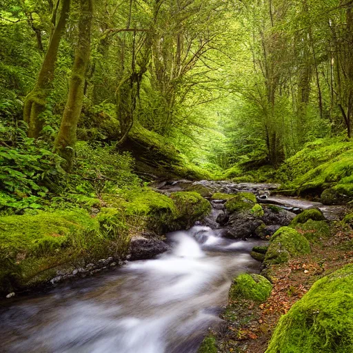 Prompt: A stream running through the woods, photograph, professional photography