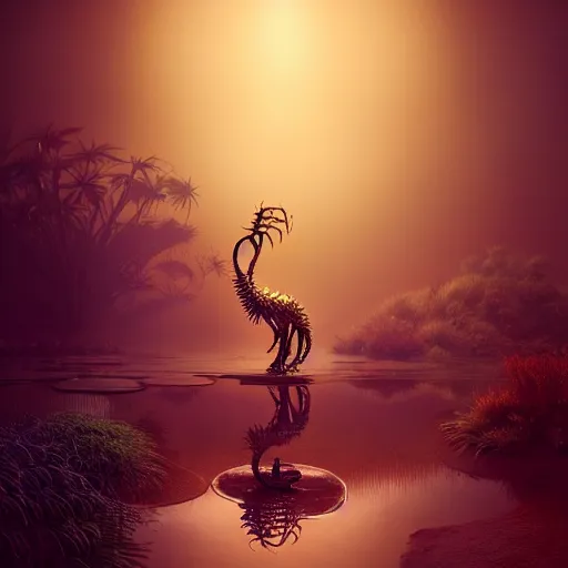 Image similar to creature in a lush desert, water reflection, night, backlit, warm tones, bioluminescent : : by michal karcz, daniel merriam, victo ngai and guillermo del toro : : ornate, dynamic, particulate, intricate, elegant, highly detailed, centered, artstation, smooth, sharp focus, octane render, 3 d