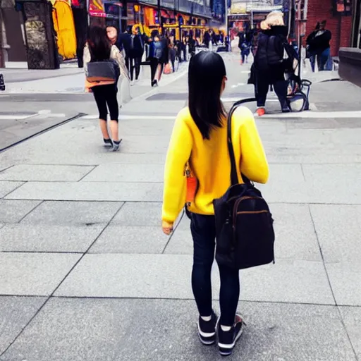 Image similar to cute Chinese girl with headphones and a yellow backpack in NYC