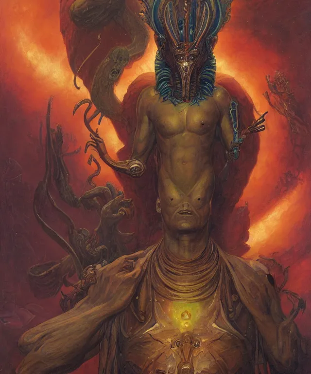 Prompt: horus with man ’ s body, glowing fiery background, in the style of peter mohrbacher, wayne barlowe, gustav moreau, bussiere, roberto ferri, santiago caruso, luis ricardo falero, austin osman spare, colorful