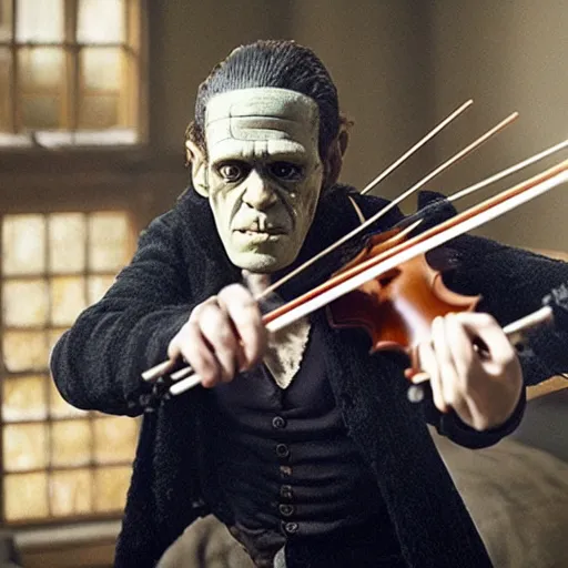 Image similar to UHD candid photo of Frankenstein playing violin, with accurate face, UHD, photorealistic, correct face, photo by Annie Leibowitz