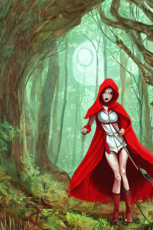 Prompt: red riding hood beating the crap out of the wolf in a tall overgrown forest, encountering a magical orb, award winning illustration, artstation