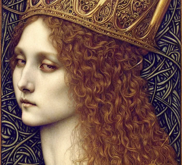 Image similar to detailed realistic beautiful young medieval queen face portrait by jean delville, gustave dore and marco mazzoni, art nouveau, symbolist, visionary, gothic, pre - raphaelite. horizontal symmetry