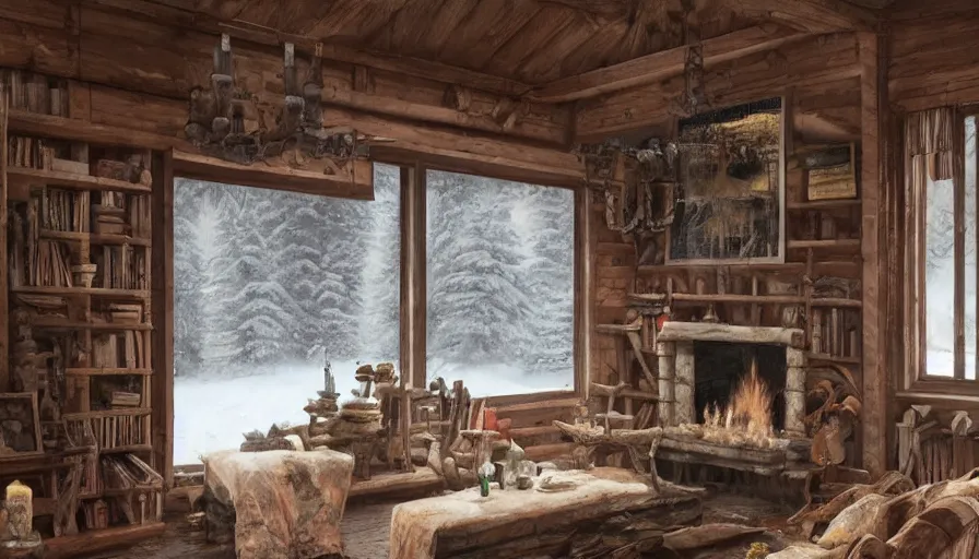 Image similar to A highly detailed matte painting of interior of old cabin in snowy forest, fireplace, bookshelves, old couch, snowing outside windows, by Studio Ghibli, Makoto Shinkai, by Artgerm, by WLOP, by Greg Rutkowski, volumetric lighting, octane render, 4K resolution, trending on artstation, masterpiece