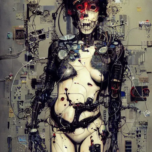 Prompt: a cyberpunk biomechanical hacker, skulls, wires cybernetic implants, machine noir grimcore, in the style of adrian ghenie esao andrews jenny saville surrealism dark art by james jean takato yamamoto and by ashley wood and mike mignola